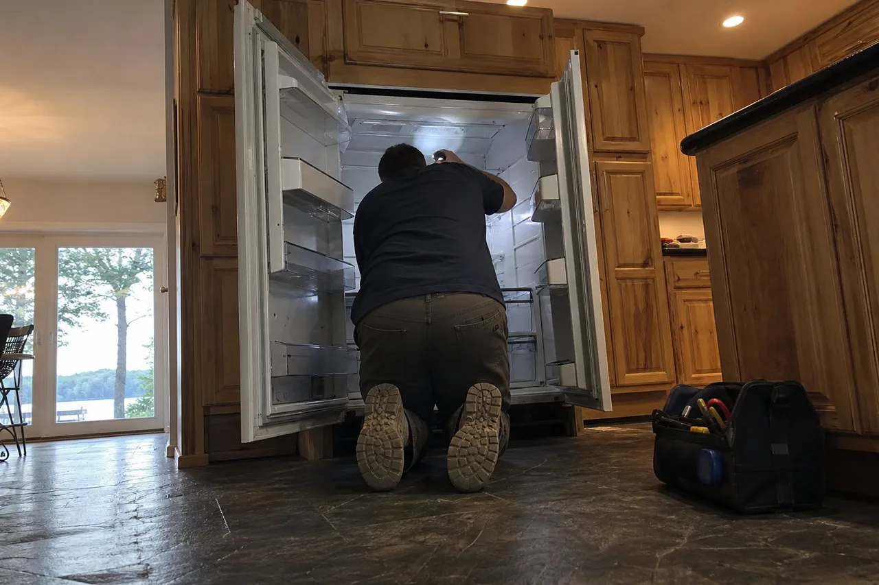 A man in work boots kneels on a dark slate floor between both open doors of a panelled built-in refrigerator, shining a small light into the empty shelves, a tool bag beside the island
