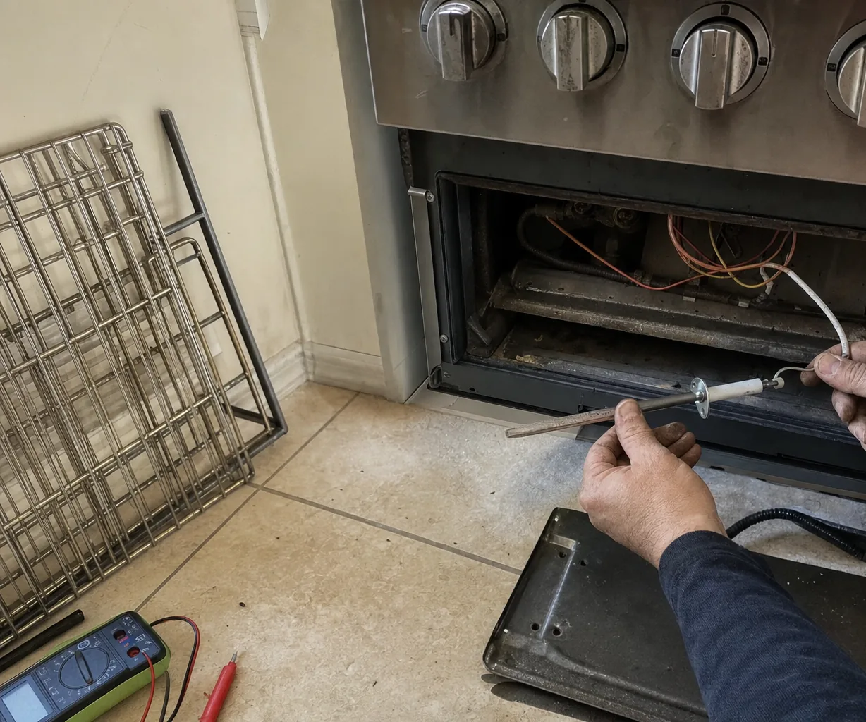 Grates stacked against the wall and a multimeter on the floor beside an open range with its burner drawer out