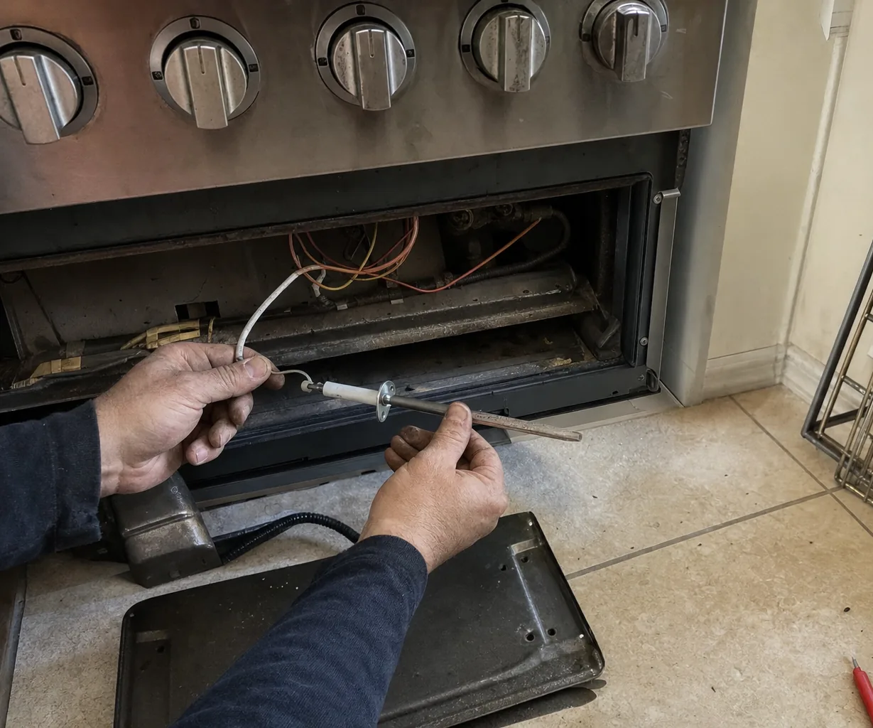 Wiring loom and burner assembly visible through the open drawer of a professional range, meter within reach