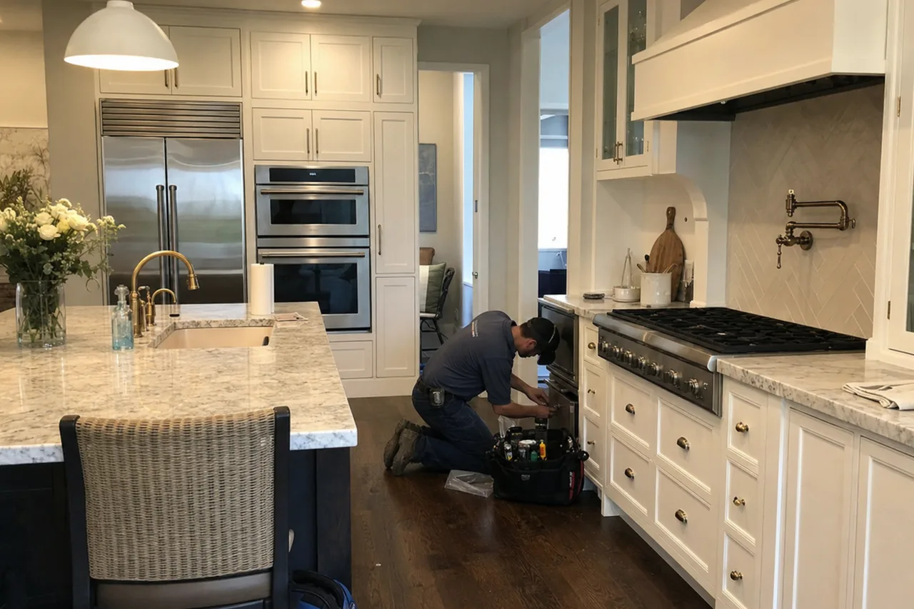 Technician kneeling at the open burner drawer of a professional gas range in a St. Augustine kitchen, tool bag open on the floor beside him