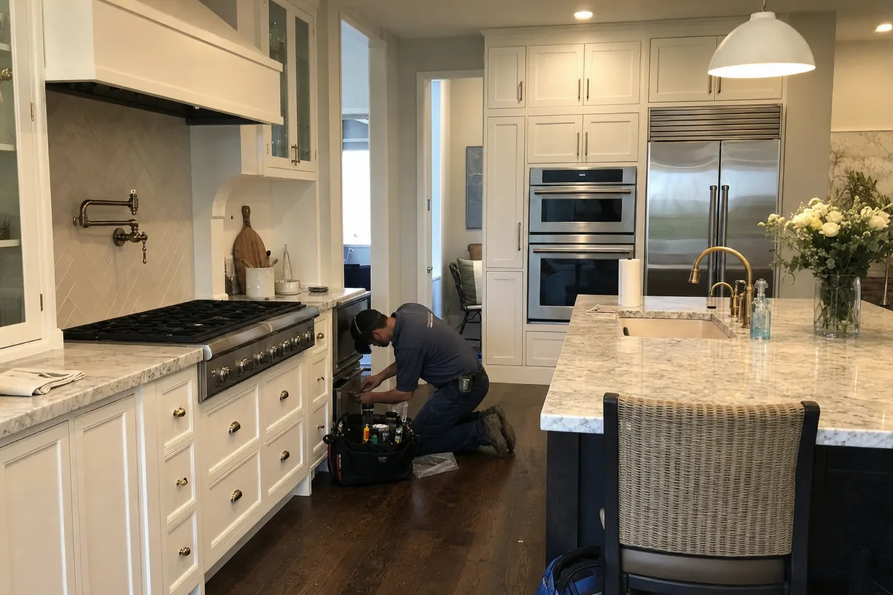 An engineer working at floor level beside a stainless rangetop, with the built-in refrigerator column and double wall ovens behind him