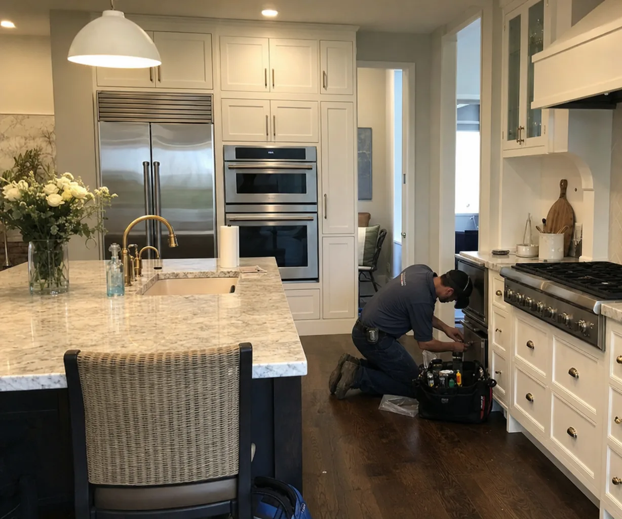 Marble island, brass tap and cut flowers in the foreground, with the built-in refrigerator and wall-oven stack along the far wall