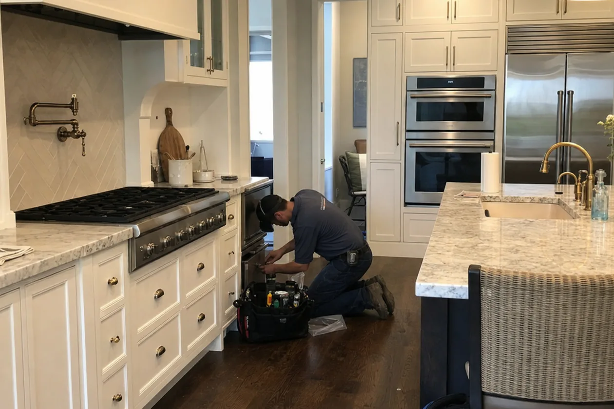 A gated-community kitchen mid-visit: wall-mounted pot filler, herringbone tile splashback and a technician at the range