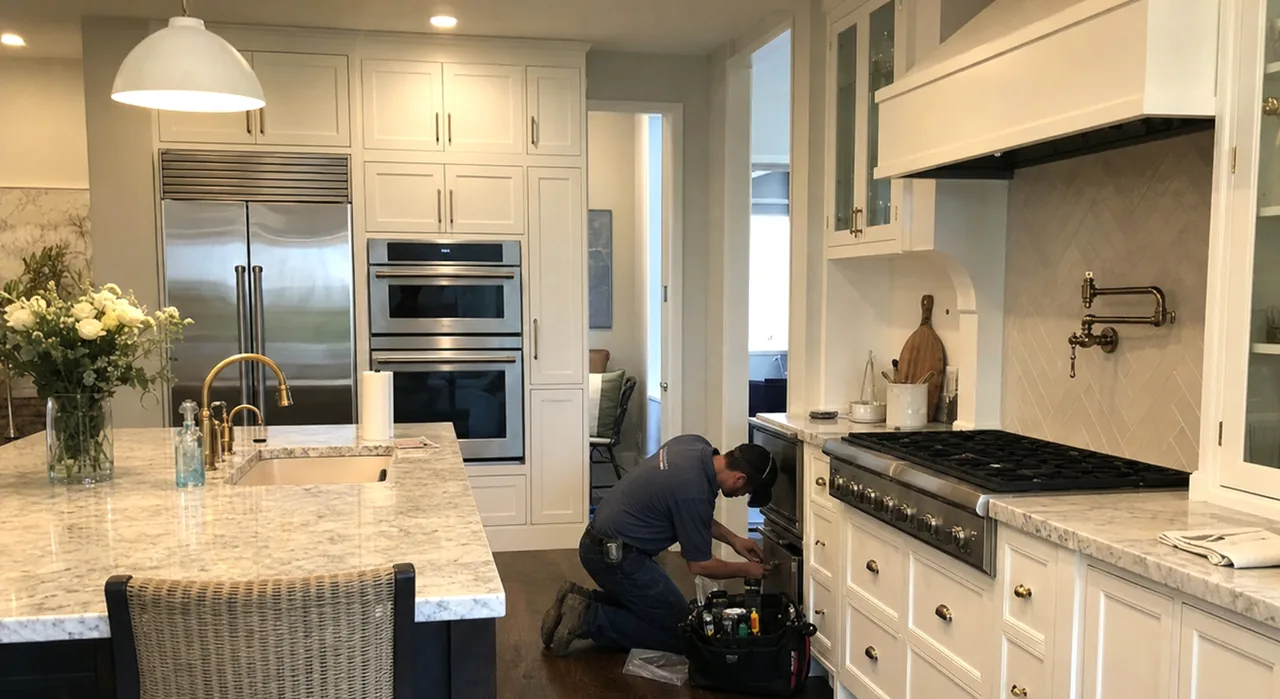 Upper half of a newer kitchen — glass-front cabinets, the hood canopy and the wall-oven stack in its cabinet run