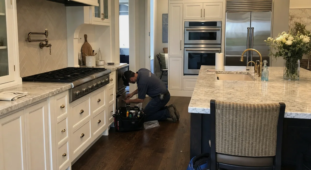 Lower half of a kitchen call — dark oak floor, an open tool bag, the drawer bank and the base of the rangetop