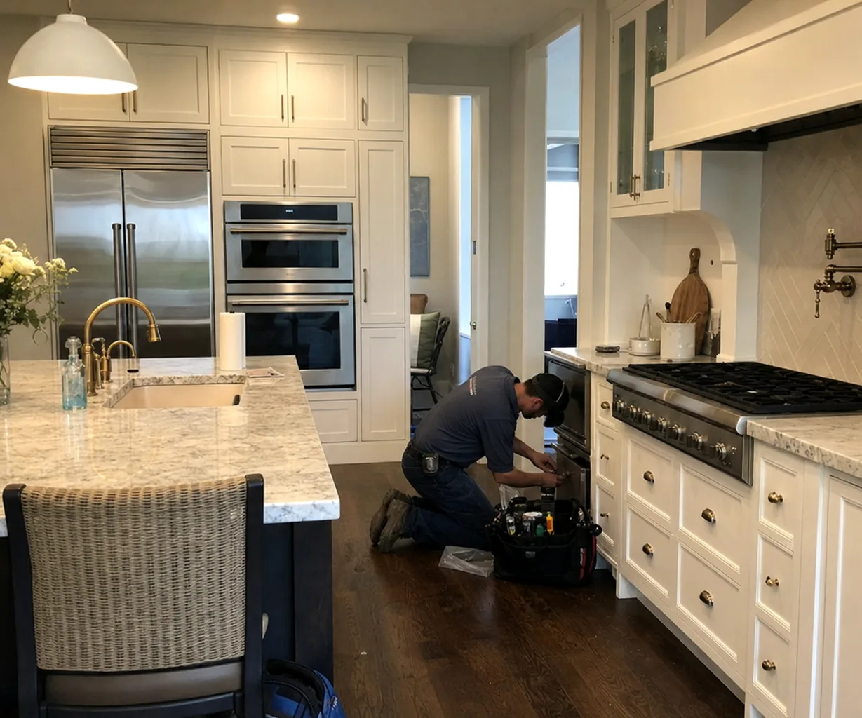 A ducted hood canopy mounted over a six-burner rangetop, technician working beneath it in a white kitchen